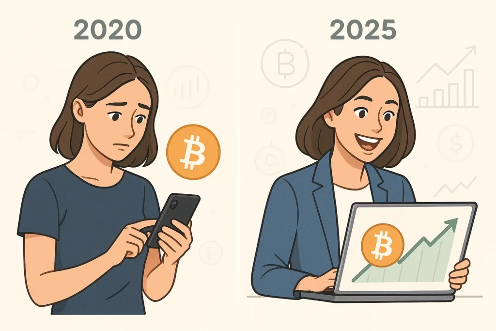 Kryptowährung kaufen – So geht's Schritt für Schritt Bitcoin kaufen für Anfänger: Eine Frau investiert 2020 zum ersten Mal 100 Euro in Bitcoin und freut sich 2025 über finanzielle Gewinne – visuelle Mini-Story für Einsteiger.