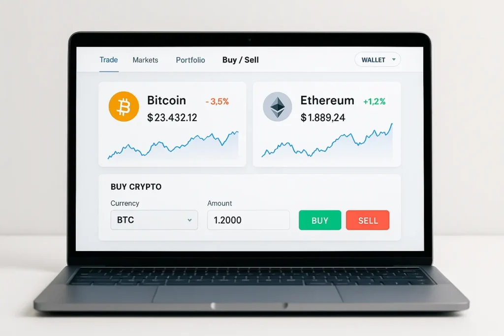 Kryptowährung kaufen – So geht's Schritt für Schritt Krypto-Börse mit Bitcoin und Ethereum Interface. Bitcoin kaufen Anleitung