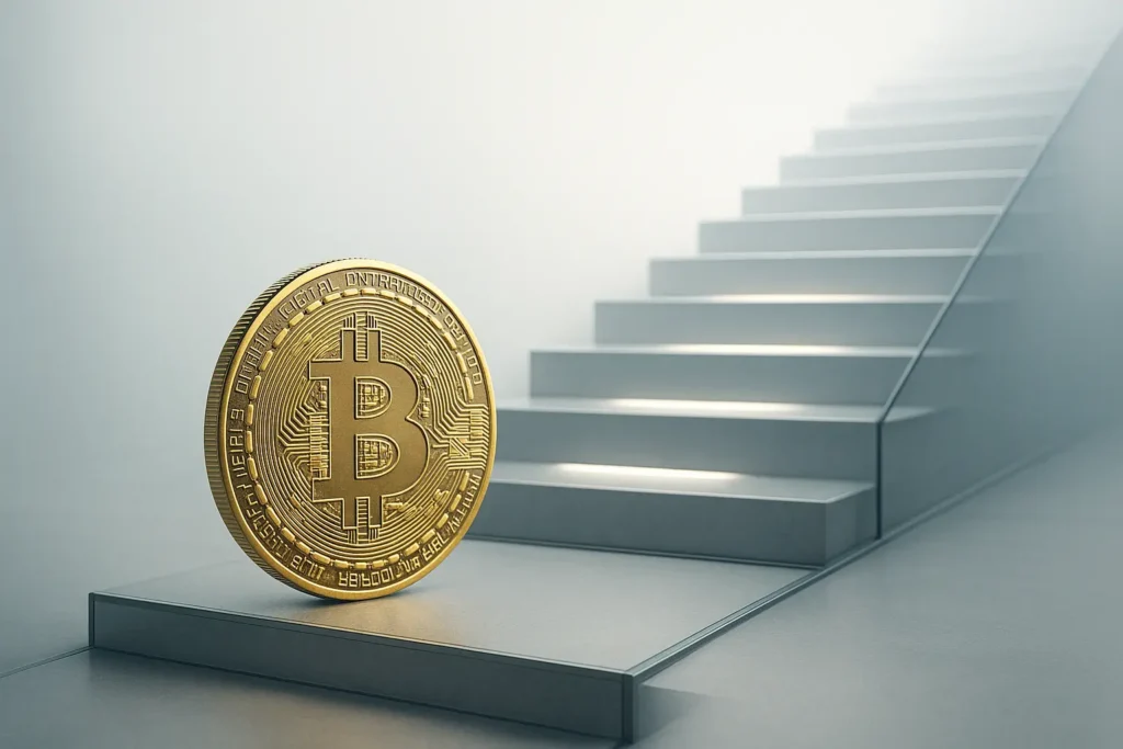 Kryptowährung kaufen – So geht's Schritt für Schritt Kryptowährung kaufen. Bitcoin-Münze auf futuristischer Treppe nach oben