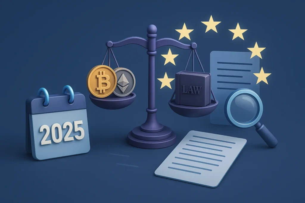 Krypto Steuern in Deutschland 2025: Was du wissen musst Zukunft der Krypto Steuern in Deutschland 2025: Symbolbild mit Gesetzbuch, Bitcoin und DAC8 als Hinweis auf neue Regelungen.