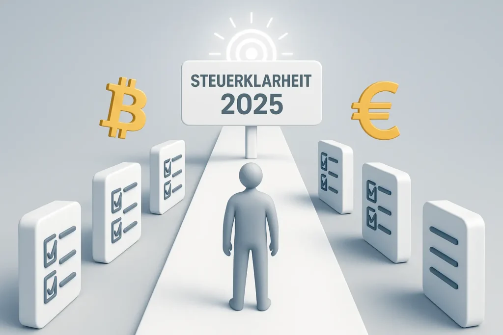 Krypto Steuern in Deutschland 2025: Was du wissen musst Krypto Steuer Action-Plan 2025 in Deutschland: Symbolbild mit Checkliste, Bitcoin-Weg und Ziel ‚Steuerklarheit‘.