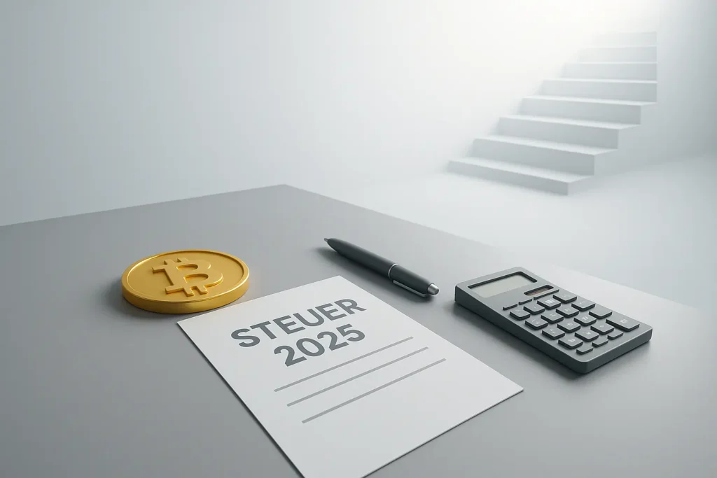Krypto Steuern in Deutschland 2025: Was du wissen musst Goldene Bitcoin-Münze vor einer weißen Treppe als Symbol für den Einstieg in die Krypto-Welt und steuerliche Herausforderungen in Deutschland