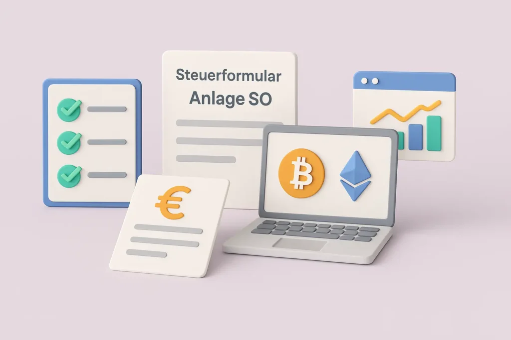 Krypto Steuern in Deutschland 2025: Was du wissen musst Krypto Steuererklärung in Deutschland Schritt für Schritt: Symbolbild mit Checkliste, Anlage SO und Tools wie Koinly oder Blockpit.