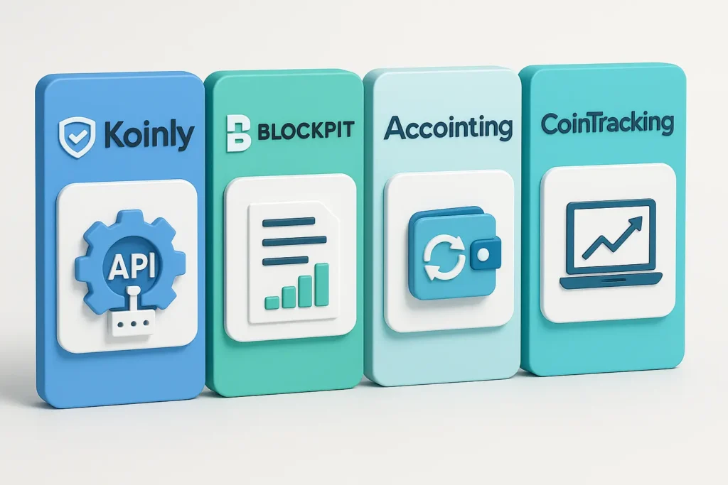 Krypto Steuern in Deutschland 2025: Was du wissen musst Vergleich von Krypto Steuer Tools in Deutschland 2025: Symbolbild mit Koinly, Blockpit, Accointing und CoinTracking im Funktionsvergleich.
