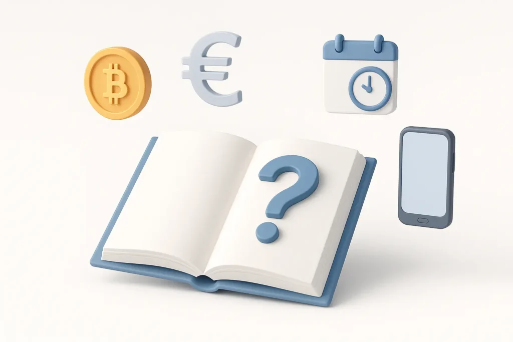 Häufige Fragen zum Krypto-Trading für Einsteiger – symbolisch als Buch mit Icons für Bitcoin, Steuer, App und Plattform visualisiert