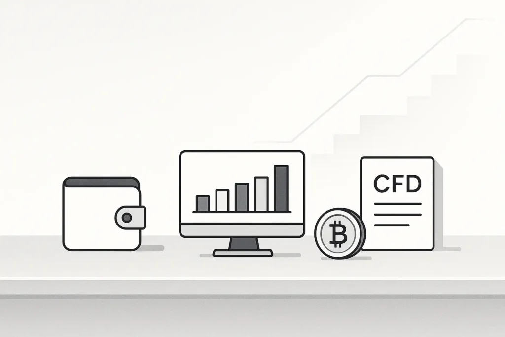 Symbolische Darstellung der wichtigsten Begriffe im Krypto-Trading für Einsteiger: Wallet, Exchange, Spot-Trading und Derivate – visualisiert im minimalistischen Stil
