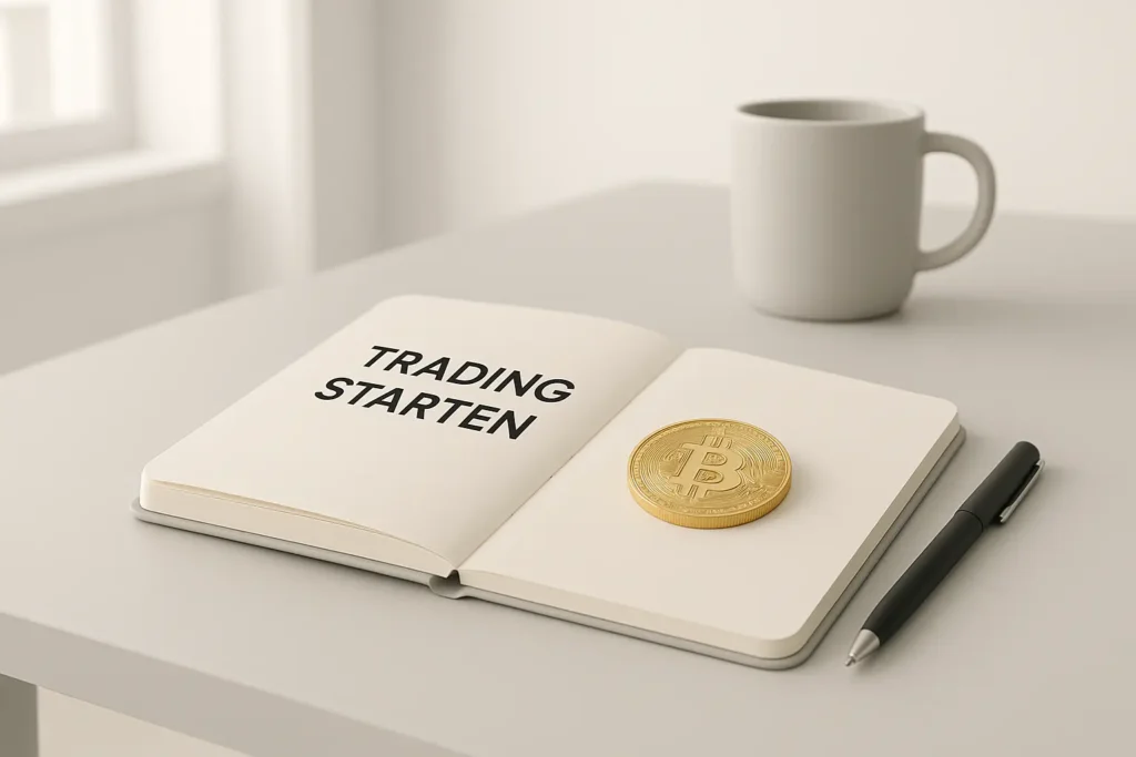 Einsteiger beginnt mit Krypto-Trading von zu Hause – Notizbuch, Bitcoin-Symbol und Kaffee in moderner 3D-Szene. Krypto Trading lernen 
 
