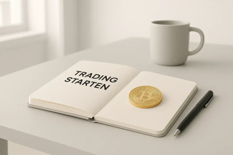 Einsteiger beginnt mit Krypto-Trading von zu Hause – Notizbuch, Bitcoin-Symbol und Kaffee in moderner 3D-Szene. Krypto Trading lernen