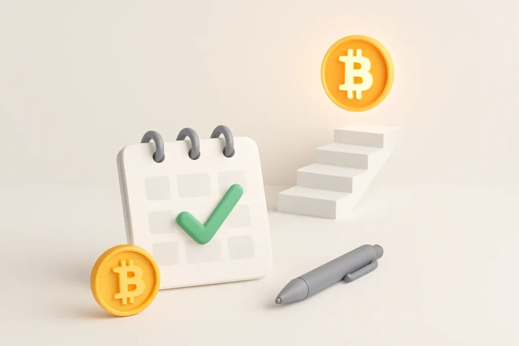 Krypto-Trading lernen für Einsteiger: Symbolische Darstellung des nächsten Schritts mit Plan, Bitcoin und Ziel – modernes 3D-Bild im Stil einer Trading-Anleitung