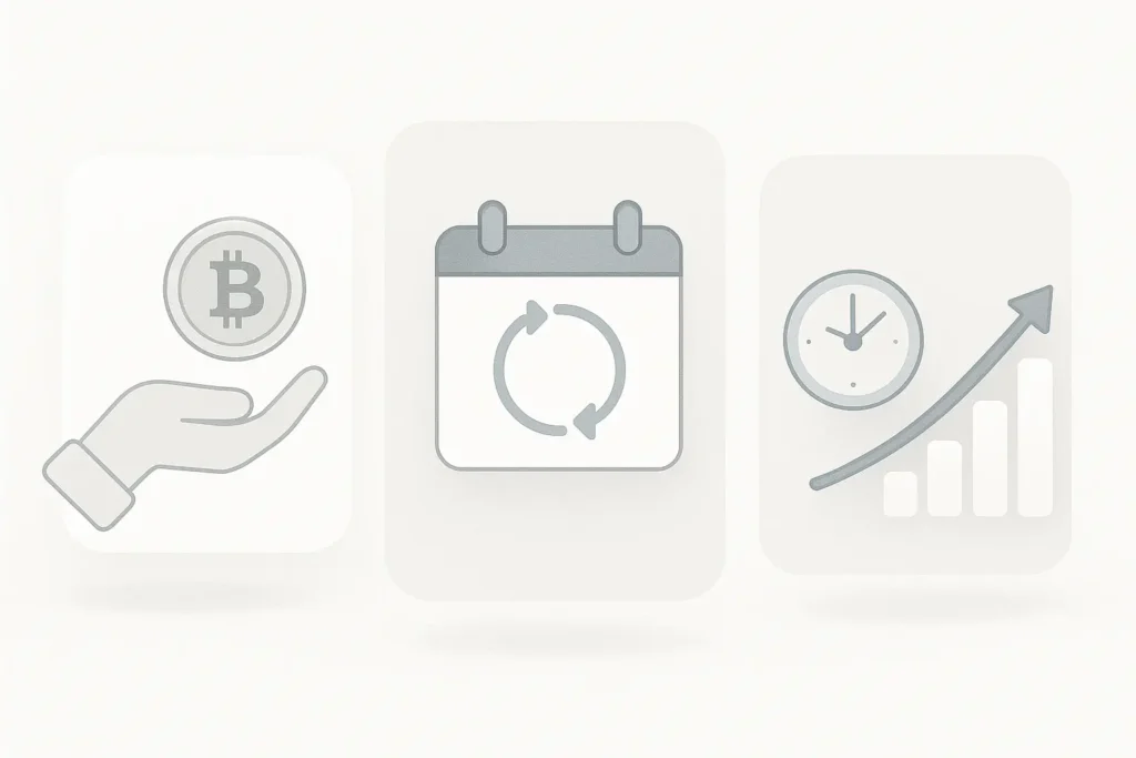 Minimalistische Visualisierung von drei Krypto-Trading-Strategien für Einsteiger: Buy & Hold, Dollar-Cost-Averaging und Daytrading – ideal zum krypto trading lernen
