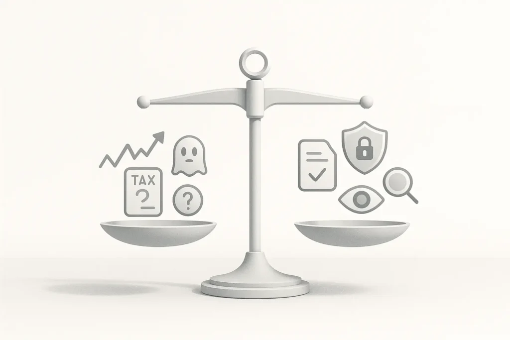 Symbolische Balance zwischen Risiken und Schutzmaßnahmen im Krypto-Trading für Einsteiger: Volatilität, Betrug und Steuerfallen auf der einen Seite, Sicherheit und Wissen auf der anderen – im minimalistischen Stil visualisiert