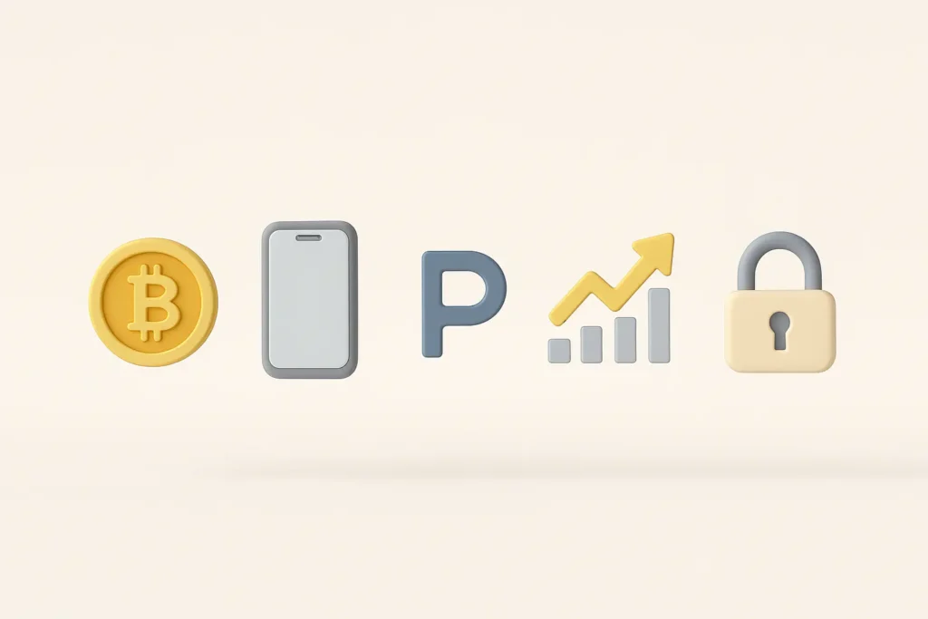 Symbolische Darstellung wichtiger Krypto-Trading-Tools für Einsteiger – Bitcoin, App, Plattform, Chart und Sicherheit