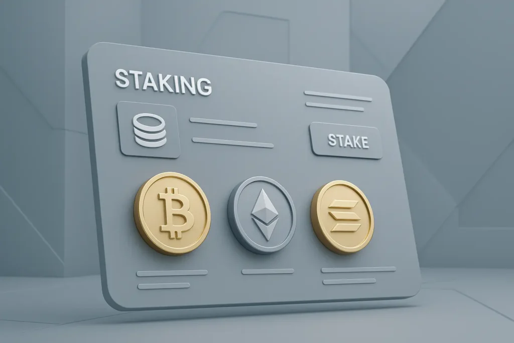 Krypto-Staking entdecken: So sicherst du dir passives Einkommen mit Coins krypto staking plattformen dashboard bitcoin ethereum solana minimalistisch futuristisch 3d