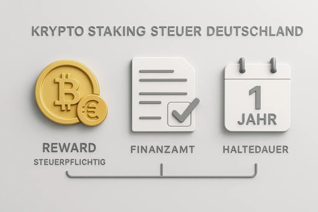 Krypto-Staking entdecken: So sicherst du dir passives Einkommen mit Coins krypto staking steuer deutschland infografik bitcoin rewards haltedauer minimalistisch futuristisch 3d