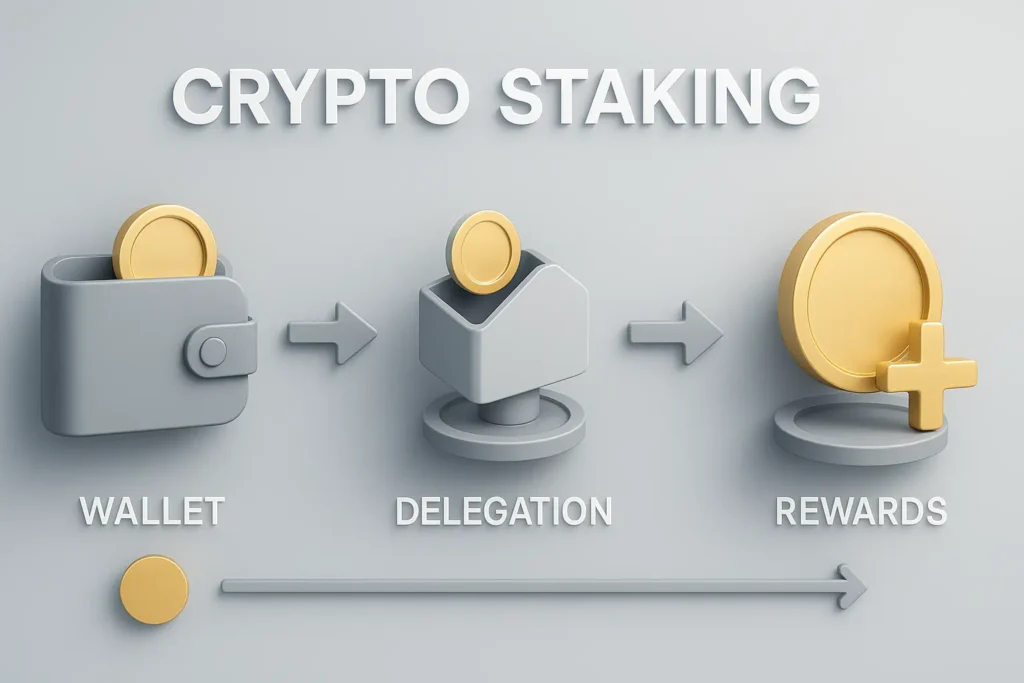 Krypto-Staking entdecken: So sicherst du dir passives Einkommen mit Coins krypto staking technischer ablauf wallet delegation validator rewards minimalistisch futuristisch