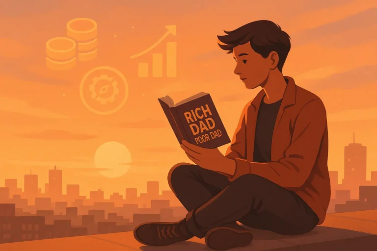 Rich Dad Poor Dad Illustration eines jungen Mannes mit dem Buch Rich Dad Poor Dad bei Sonnenuntergang – Symbolbild für finanzielle Bildung, passives Einkommen und Geld-Mindset