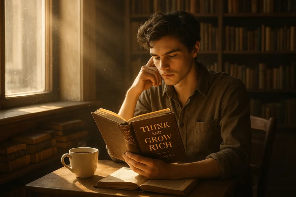 Think and Grow Rich Ein junger Mensch liest vertieft in das Buch „Think and Grow Rich“ am Morgenlicht, umgeben von Büchern – Symbol für persönliche Weiterentwicklung und finanziellen Erfolg.
