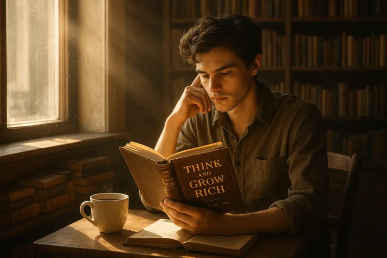 Think and Grow Rich Ein junger Mensch liest vertieft in das Buch „Think and Grow Rich“ am Morgenlicht, umgeben von Büchern – Symbol für persönliche Weiterentwicklung und finanziellen Erfolg.