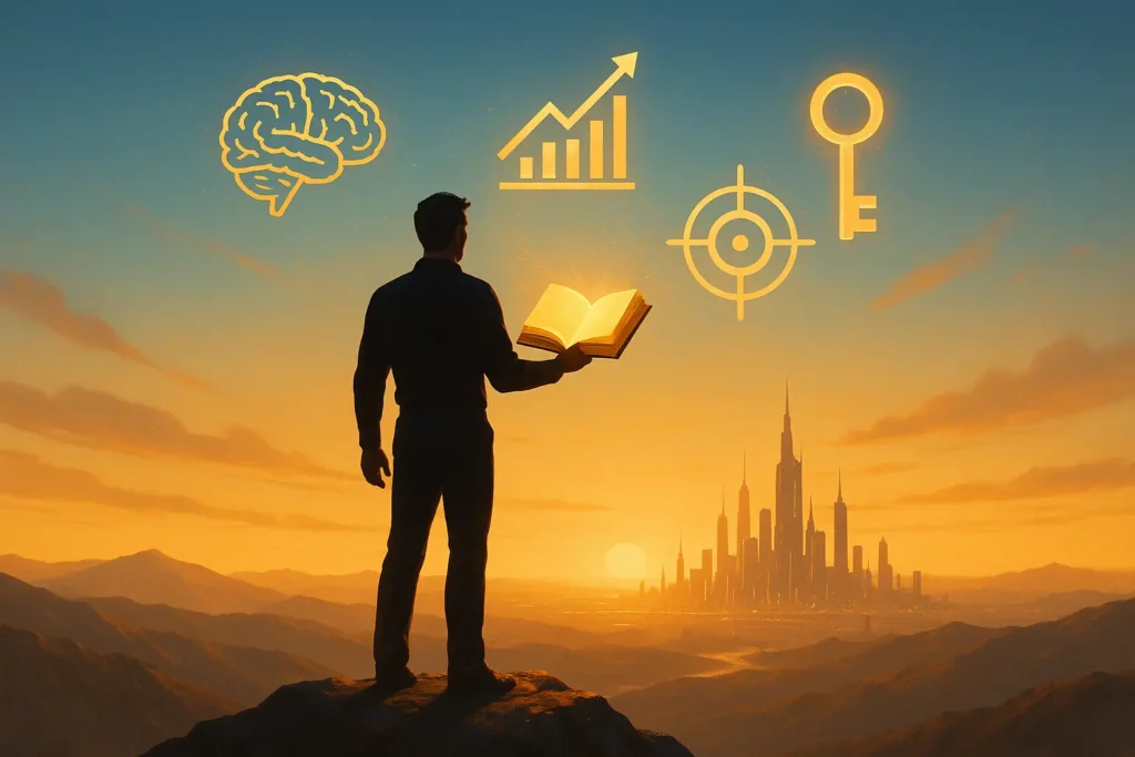 Think and Grow Rich Symbolische Szene: Eine Person steht mit einem Buch auf einem Berggipfel bei Sonnenaufgang, im Hintergrund eine goldene Stadt – Sinnbild für Erfolg und Mindset-Wachstum.