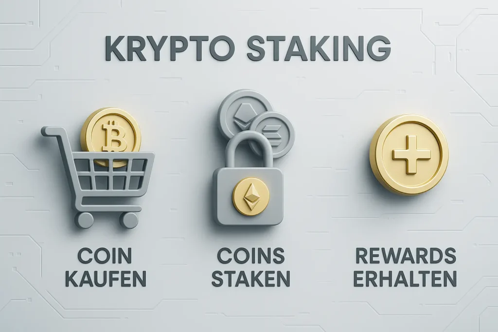 Krypto-Staking entdecken: So sicherst du dir passives Einkommen mit Coins was ist krypto staking infografik schritte einfach erklärt bitcoin ethereum solana minimalistisch