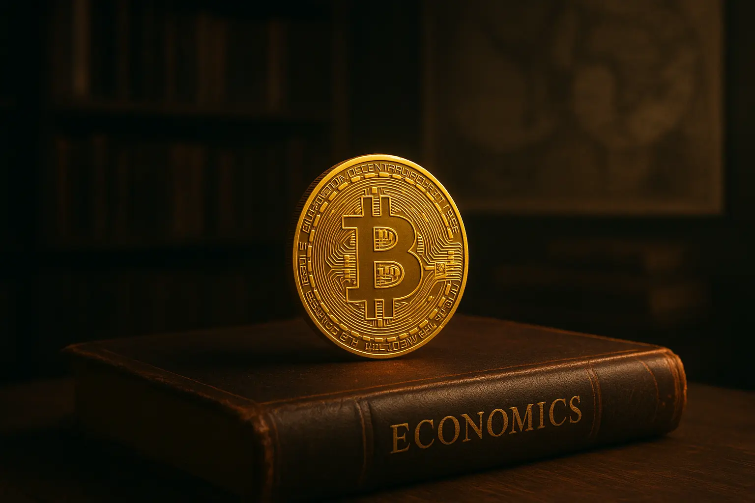 Der Bitcoin-Standard Goldene Bitcoin-Münze steht auf einem alten Buch mit der Aufschrift Economics“ in einem dunklen Studierzimmer.