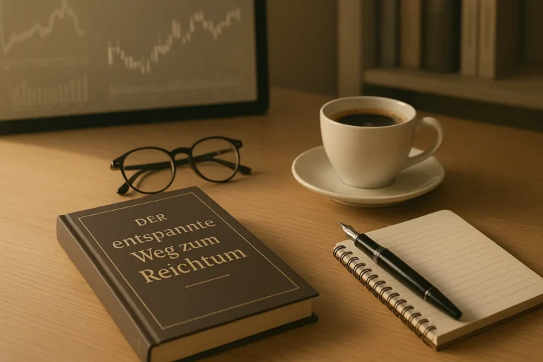 Der entspannte Weg zum Reichtum „Buchtipp: Der entspannte Weg zum Reichtum von Susan Levermann – Finanzbuch mit Kaffee, Brille und Notizen im warmen Licht.“