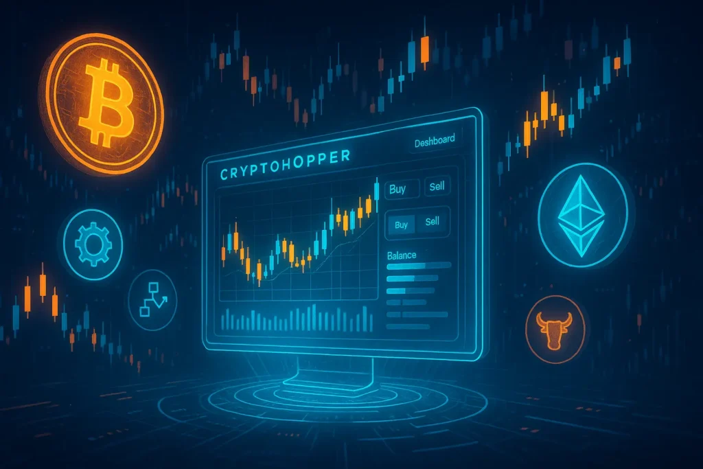 Krypto Bot einrichten Anleitung
Cryptohopper Dashboard – futuristische Darstellung eines Krypto Bots mit Trading-Charts, Strategien und Kryptowährungssymbolen