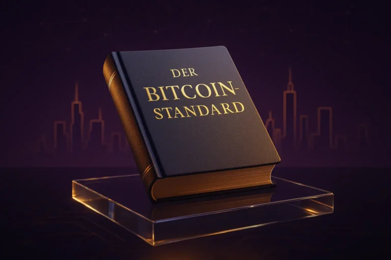 Futuristisches Buch ‚Der Bitcoin-Standard‘ auf gläsernem Podest mit goldenen Lichtreflexen und Skyline im Hintergrund.