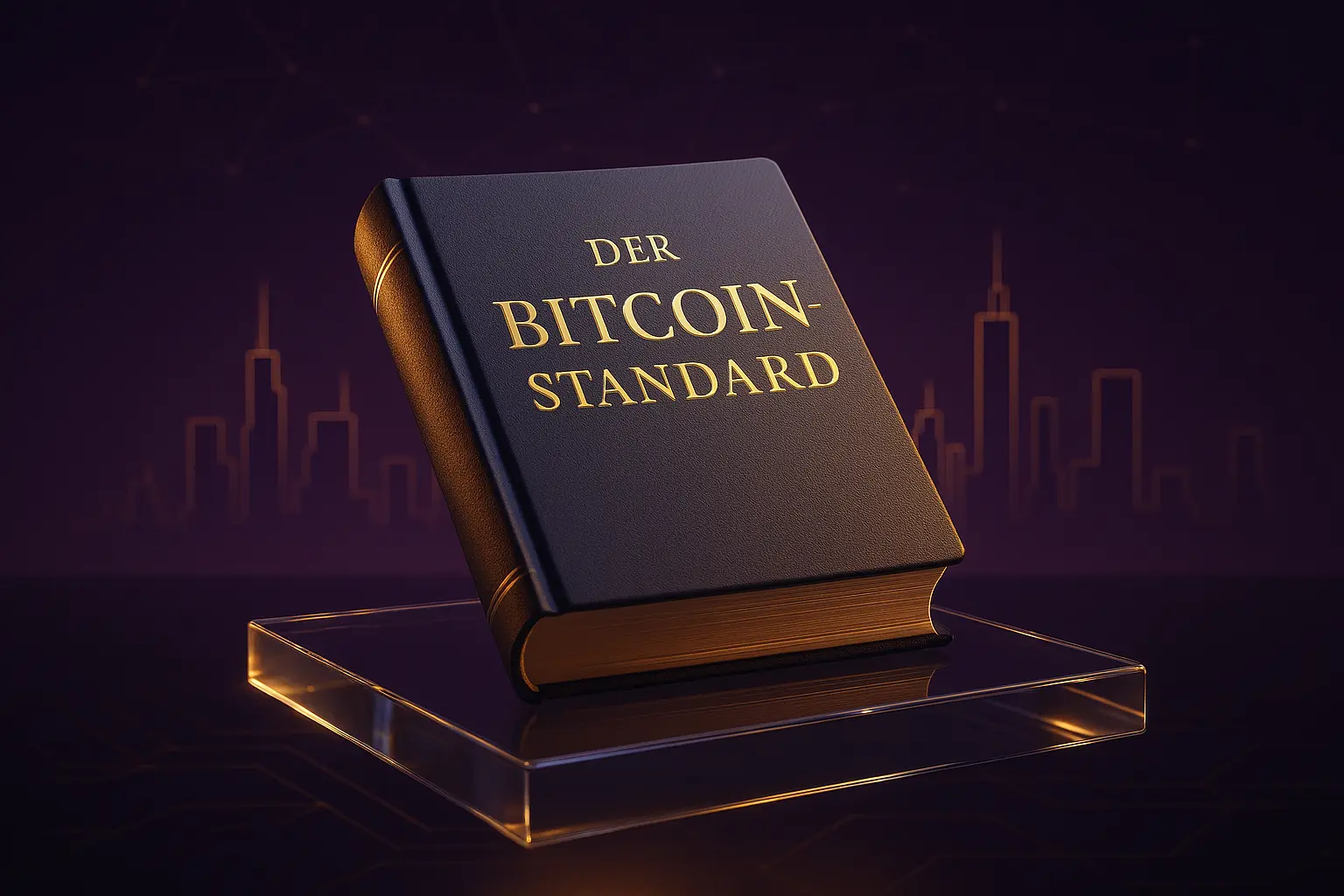 Futuristisches Buch ‚Der Bitcoin-Standard‘ auf gläsernem Podest mit goldenen Lichtreflexen und Skyline im Hintergrund.