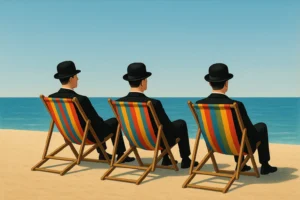Der entspannte Weg zum Reichtum Drei Männer mit Bowler-Hüten sitzen in bunten Liegestühlen am Strand und blicken aufs Meer – inspiriert vom Buch Der entspannte Weg zum Reichtum von Susan Levermann.