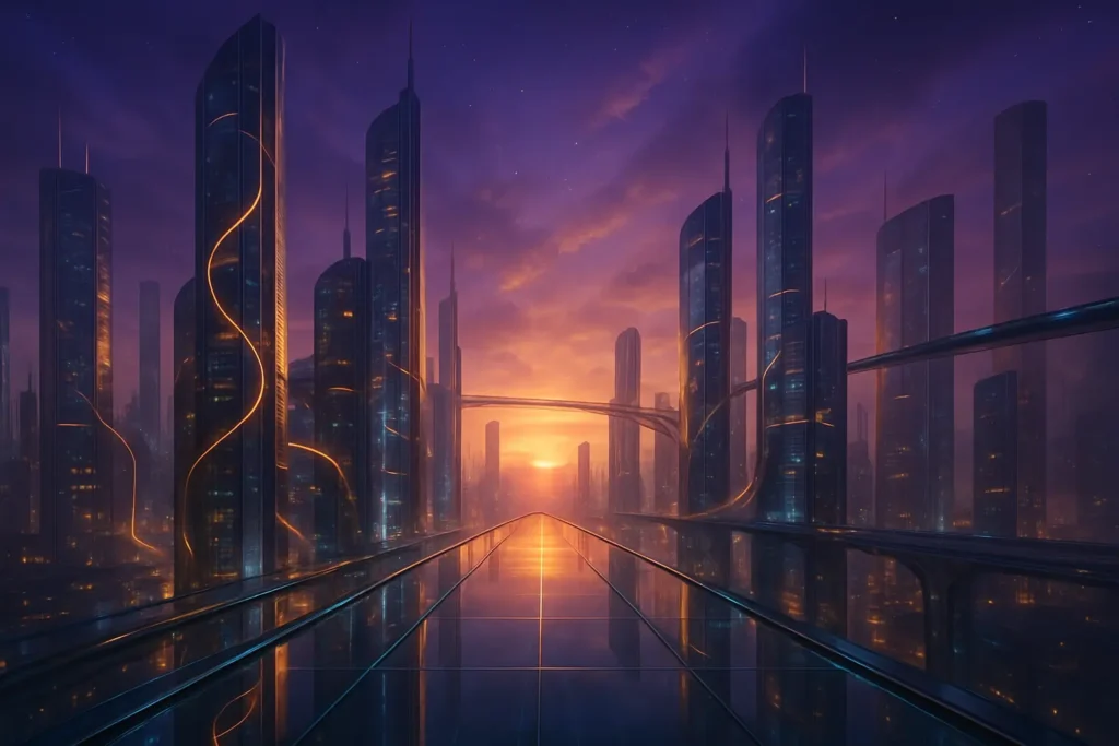 Futuristische gold-türkisfarbene Skyline bei Sonnenuntergang mit schimmernden Lichtern und gläsernen Wolkenkratzern – Premium-Design für Finance und Lifestyle. Yilmex