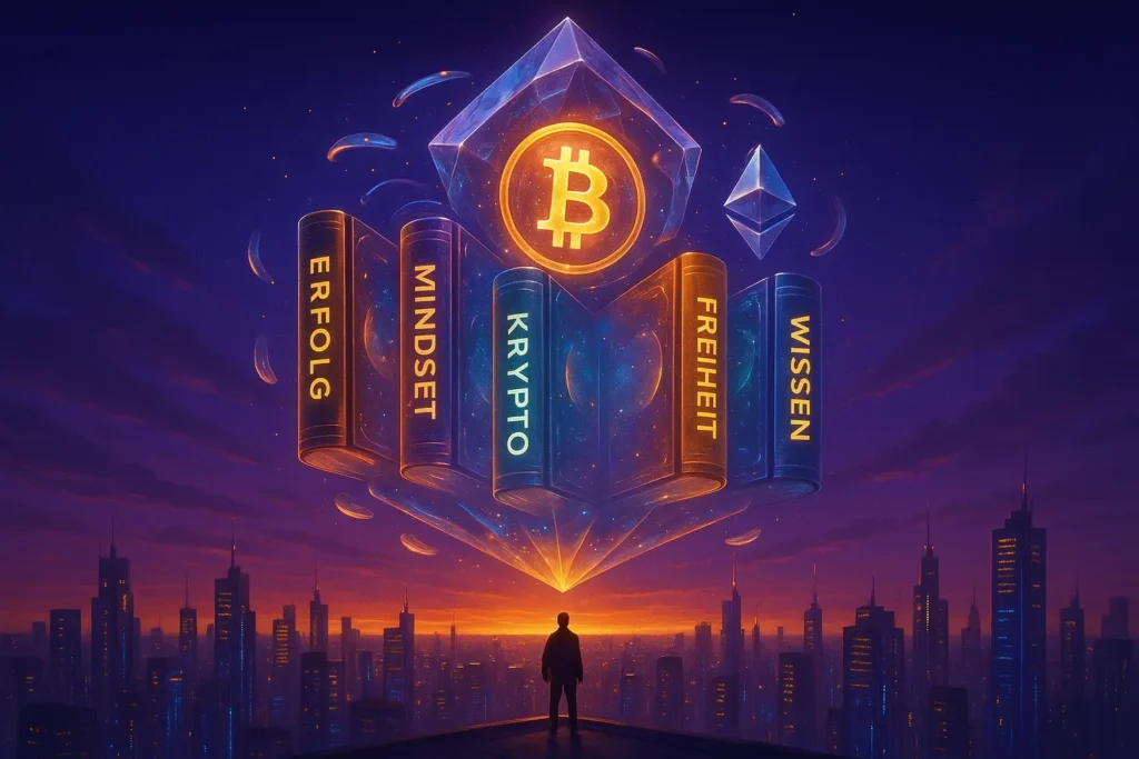 Futuristisches schwebendes Bücherregal mit leuchtenden deutschen Büchern über Erfolg, Krypto, Freiheit und Wissen vor einer Cyberpunk-Stadt bei Sonnenuntergang.