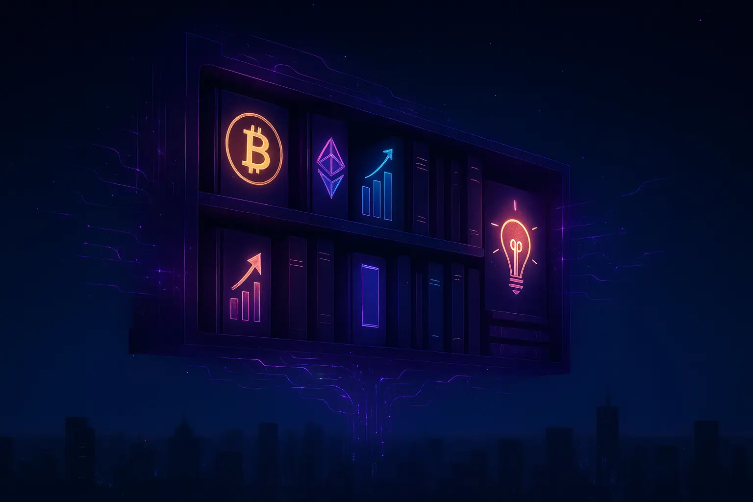 Book Buchtipps Futuristisches Bücherregal mit leuchtenden Symbolen wie Bitcoin und Ethereum über digitaler Stadtlandschaft