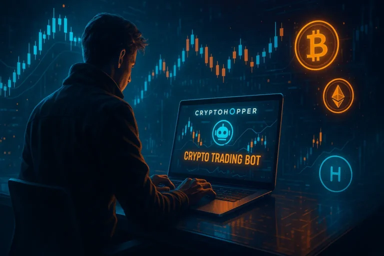 Krypto Bot einrichten – futuristische Illustration mit Trading-Charts, Kryptowährungssymbolen und Cryptohopper-Logo im Cinematic-Look