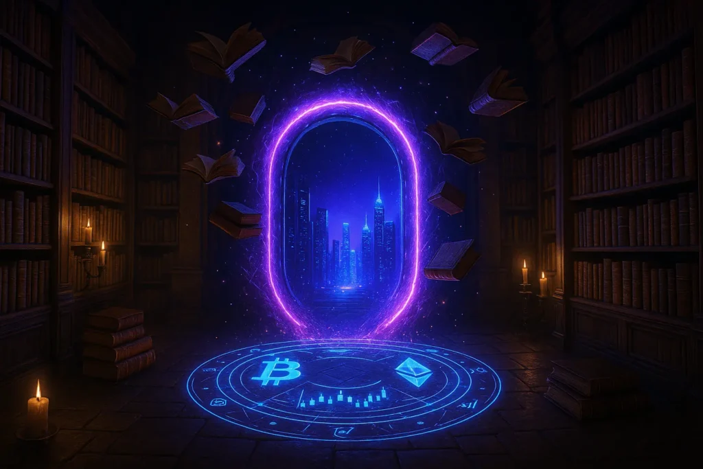 Book Magisches Portal zwischen alter Bibliothek und digitaler Krypto-Welt – Symbol für Wissen und Zukunft