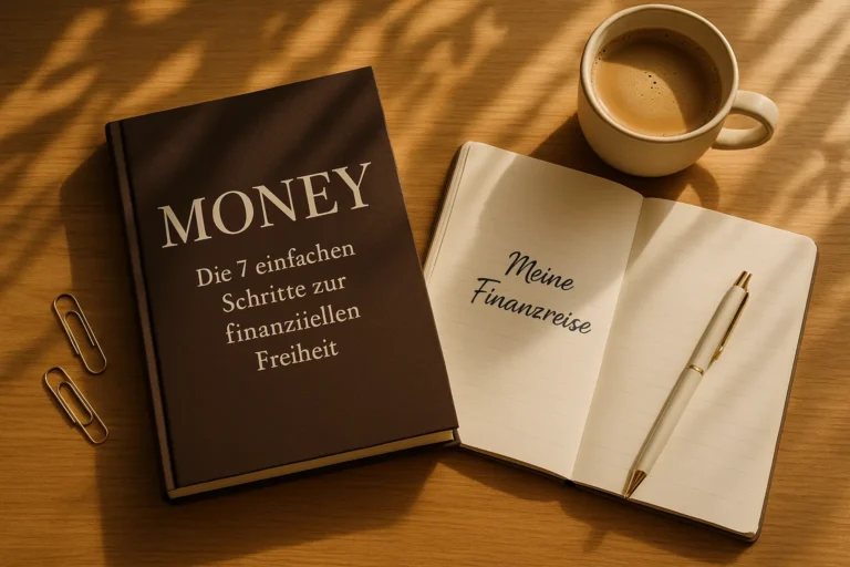 Money Symbolisches Beitragsbild mit einem stilisierten Buch mit dem Titel „Money: Die 7 einfachen Schritte zur finanziellen Freiheit“, daneben ein Notizbuch mit Aufschrift „Meine Finanzreise“, goldener Stift und Kaffeetasse – auf einem hellen Holztisch bei sanftem Tageslicht. Das Bild steht für Klarheit, Selbstbestimmung und finanziellen Neubeginn.