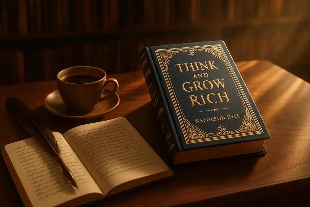 Luxuriös inszeniertes Buch Think and Grow Rich auf einem Schreibtisch mit goldenen Akzenten und Notizbuch.