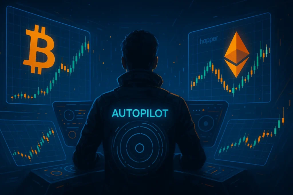 Bester Krypto Bot 2025
Was ist ein Krypto Bot – futuristische Illustration eines Autopilot-Steuerpults, das sich in Krypto-Trading-Charts verwandelt, mit Cryptohopper-Logo