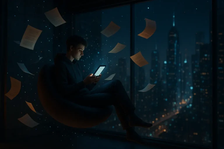 Person liest mit Kindle in futuristischem Raum über Stadt bei Nacht