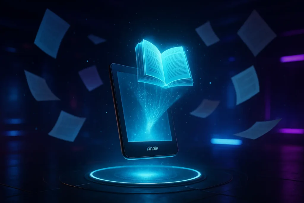 Kindle Unlimited 2025 Futuristische Szene mit schwebendem Kindle, holografischem Buch und Neonlicht