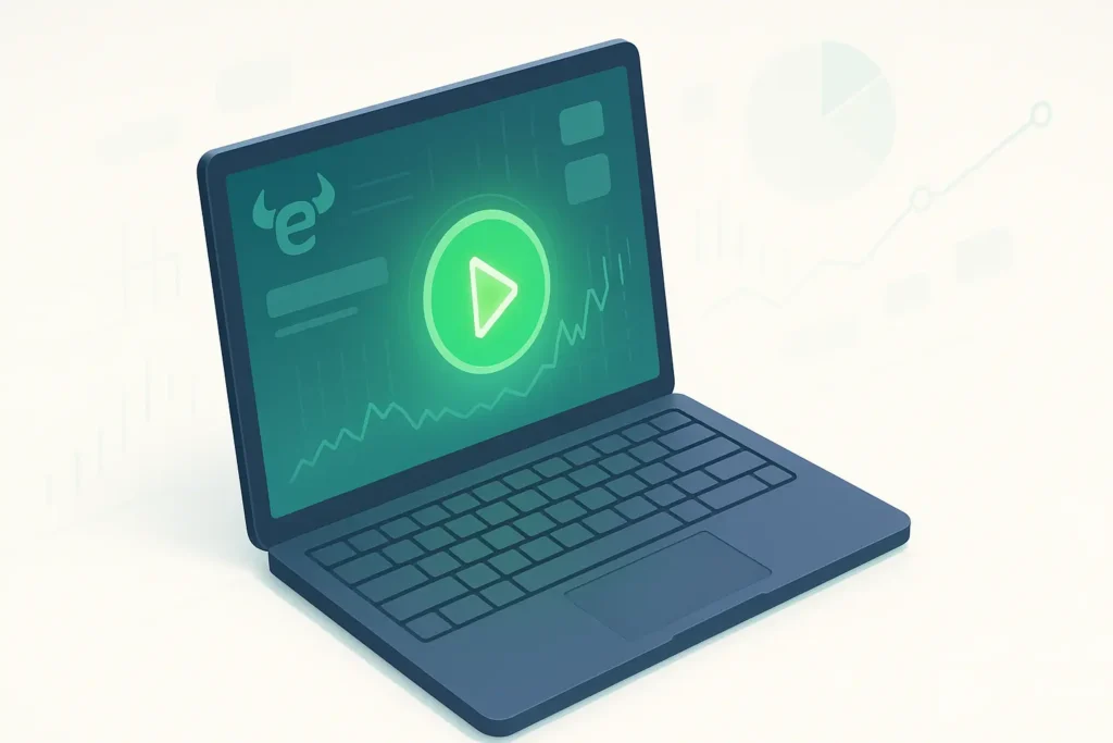 3D-Darstellung eines Laptops mit eToro-Plattform zur symbolischen Darstellung des Demokonto-Starts