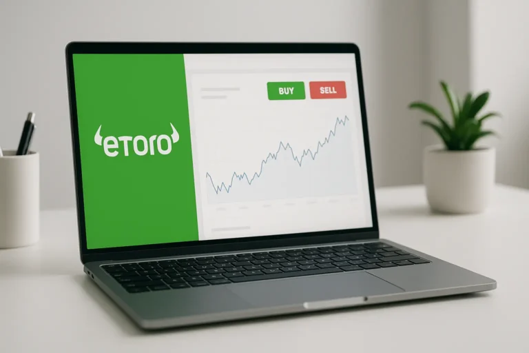 Startseite eToro Trading-Dashboard für Anfänger mit Buy/Sell-Buttons, ohne Person – minimalistisches Setup