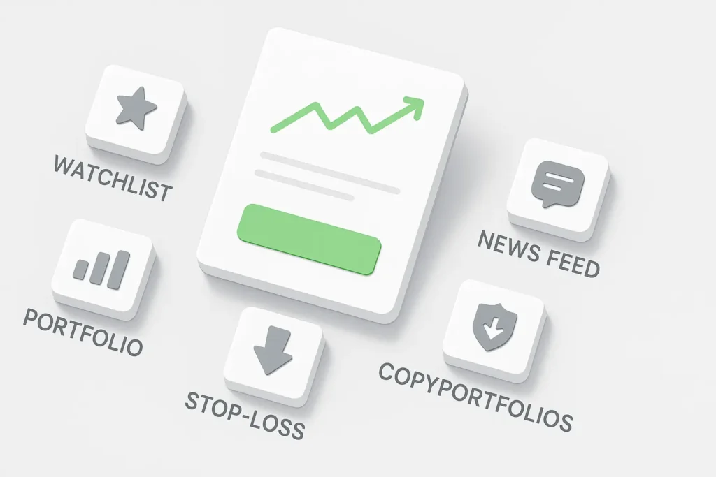 Symbolgrafik zeigt die wichtigsten Funktionen von eToro für Anfänger