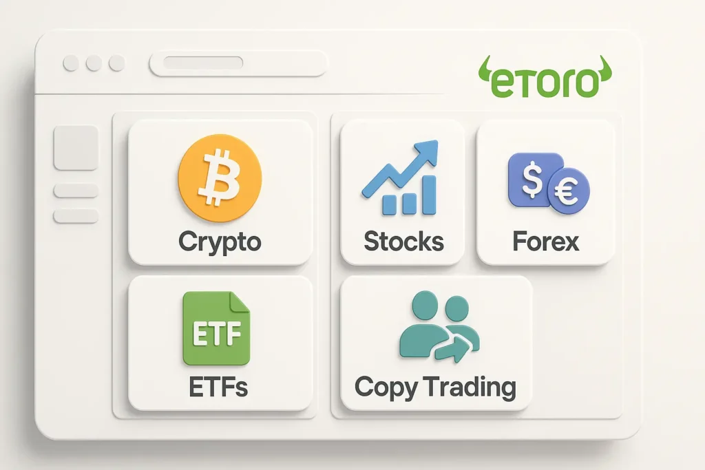 Visualisierung der eToro Plattform mit Krypto-, Aktien-, ETF- und Copy-Trading-Funktionen im Jahr 2025
