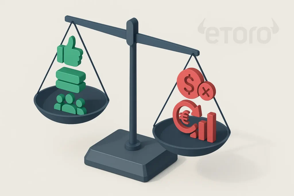Symbolische Waage mit eToro-Vor- und Nachteilen in stilisierter 3D-Darstellung ohne Text
