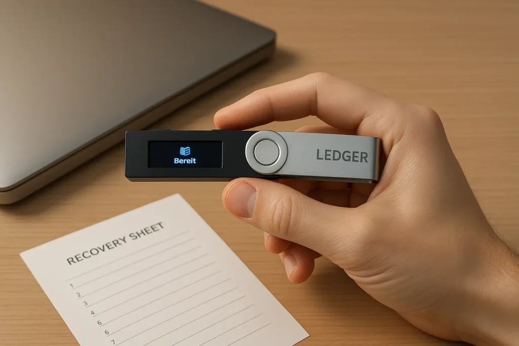 Ledger Wallet erfolgreich eingerichtet – Ledger in der Hand, Recovery Sheet sicher verwahrt
