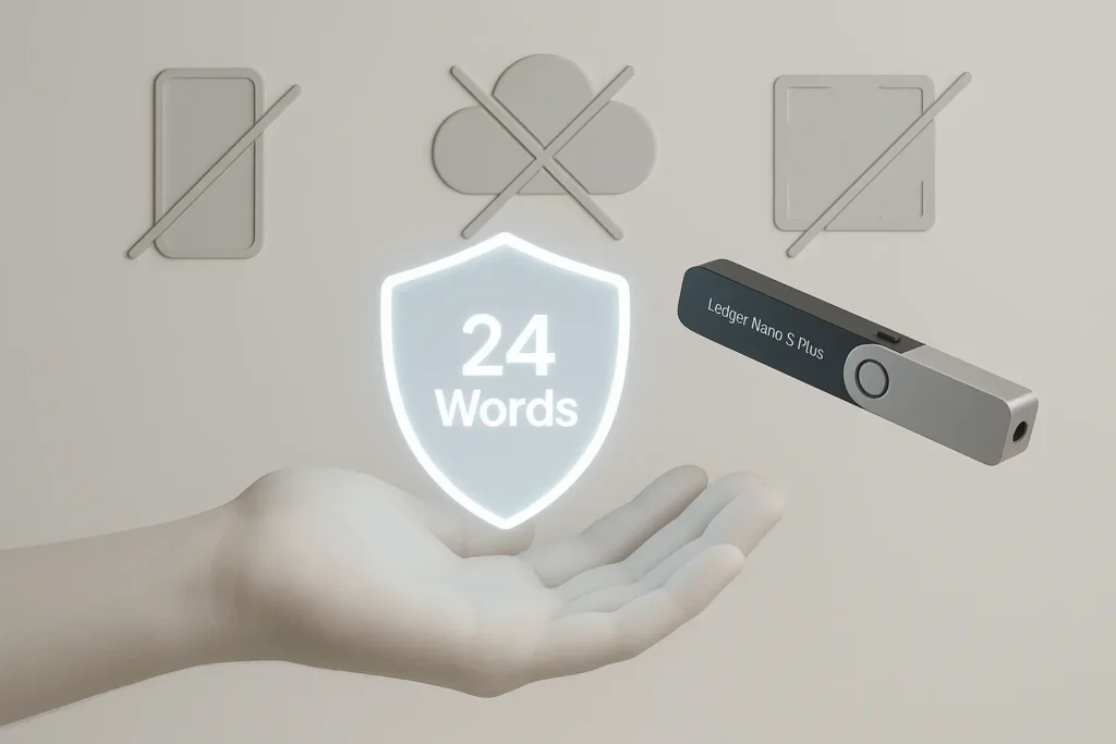 Ledger Wallet einrichten – Recovery Phrase geschützt durch digitales Schild, mit Warnsymbolen gegen digitale Speicherung