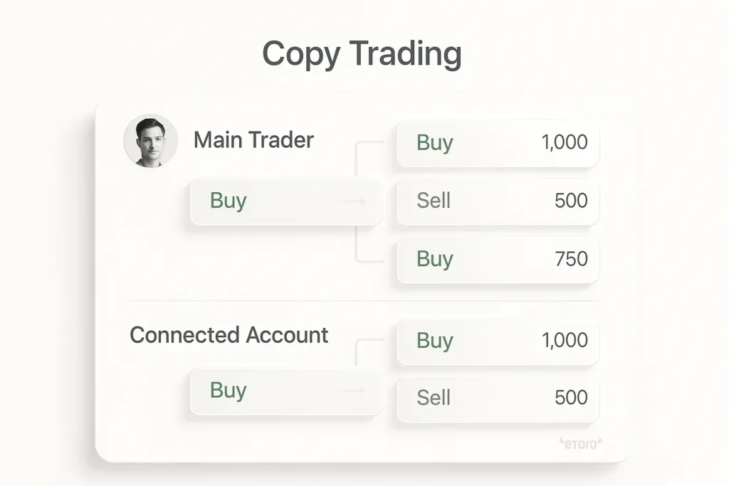 eToro Copy Trading Interface mit deutschen Begriffen wie Kaufen, Verkaufen und Copy Trading im Apple-Stil