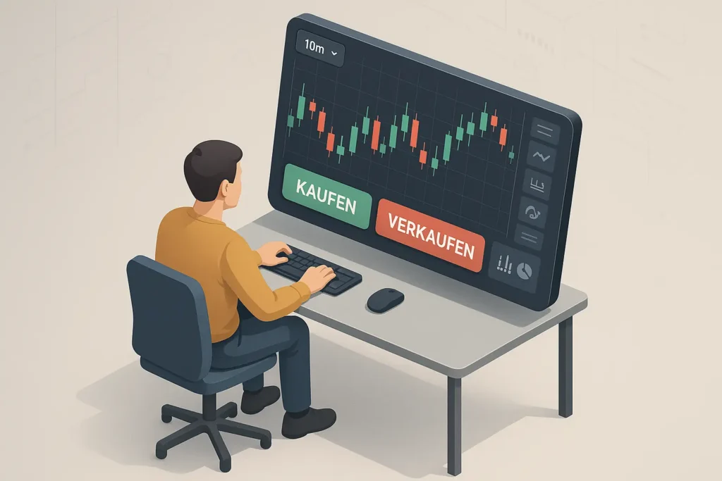 3D-Illustration einer Trading Plattform Oberfläche mit Charts und Orderfunktionen zur Erklärung des Unterschieds zwischen Broker und Plattform
