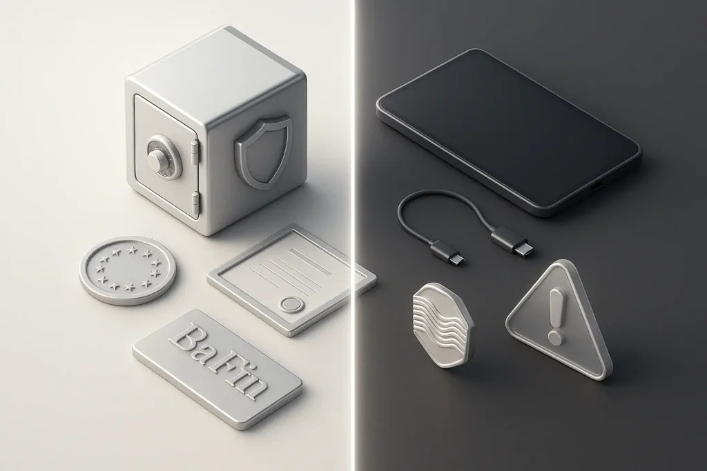 3D-Darstellung regulierter Broker mit Einlagensicherung im Vergleich zu unregulierter Trading-Plattform mit Sicherheitsrisiken
